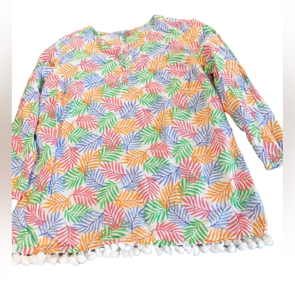Talbots Tunic Medium Shirt Pom Poms Palm Leaves Blue Green
